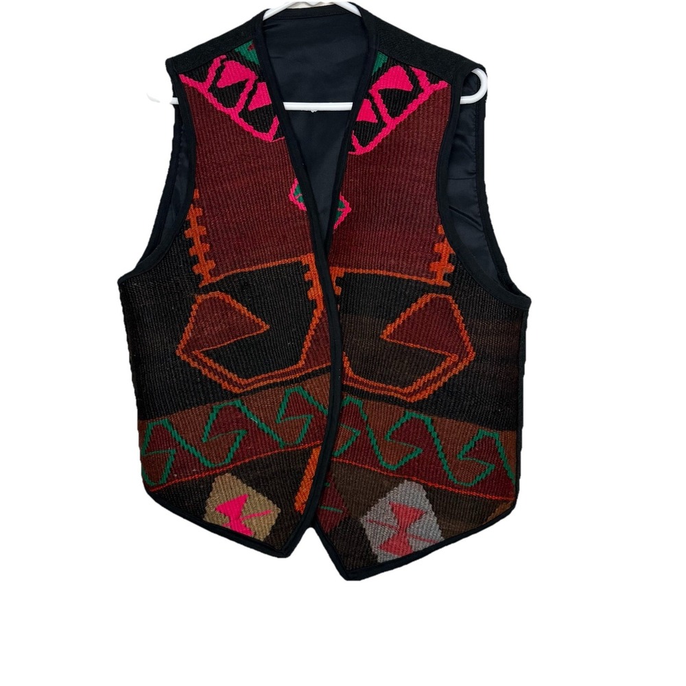 Boucher Style Santa Fe Kilim Tapestry Leather  Vest Southwest Wool Turkey‎